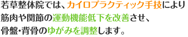 若草整体院 では、カイロプラクティック手技により筋肉や関節の運動機能低下を改善させ、骨盤・背骨のゆがみを調整します。